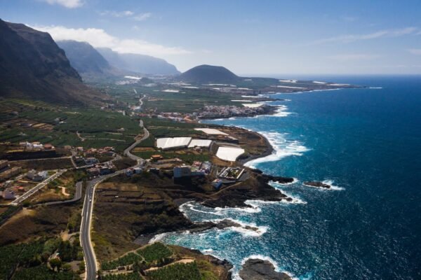 View from the height of a rocky cliff and the road along the island of Tenerife, Canary Islands